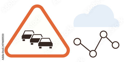 Traffic sign with cars in triangular frame, cloud icon, and network diagram. Ideal for transportation, data analysis, cloud computing, connectivity, internet of things, warning systems simple flat