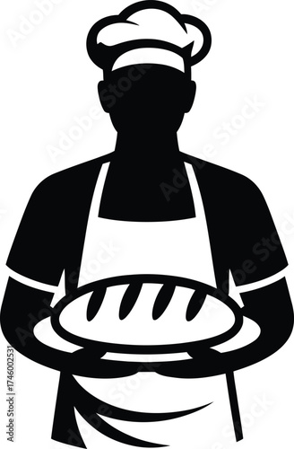 Baker chef silhouette holding a freshly baked loaf of bread