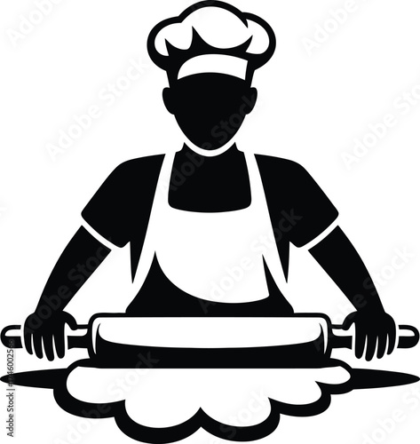 Baker chef silhouette rolling dough with a pastry pin in a kitchen setting