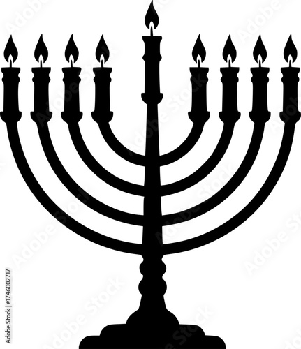 Silhouette of a menorah with eight burning candles and a central shamash
