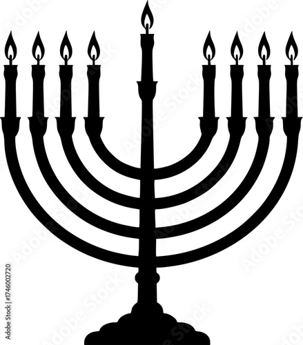 Silhouette of a menorah with eight burning candles and a central shamash
