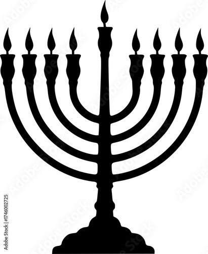 Silhouette of a menorah with eight burning candles and a central shamash
