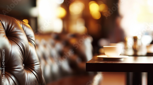 Luxurious leather sofa and coffee table in an upscale restaurant with warm ambient lighting.