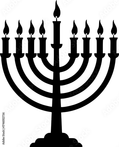 Silhouette of a menorah with eight burning candles and a central shamash
