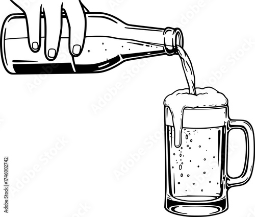Black and white illustration of beer being poured from a bottle into a frothy mug
