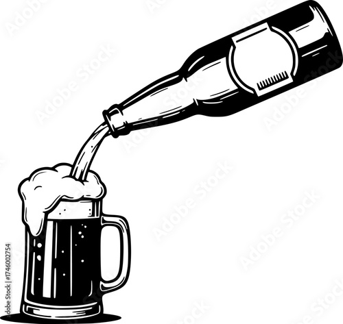 Black and white illustration of beer being poured from a bottle into a frothy mug
