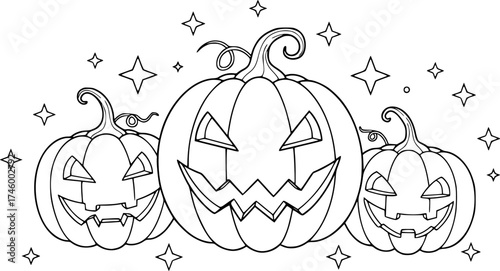 Happy halloween coloring page with three carved pumpkins and stars for kids
