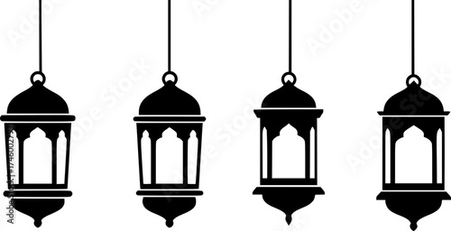 Four silhouetted islamic lanterns hanging against a white background
