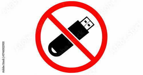 Red prohibition sign with a black usb flash drive inside indicating no external storage allowed
