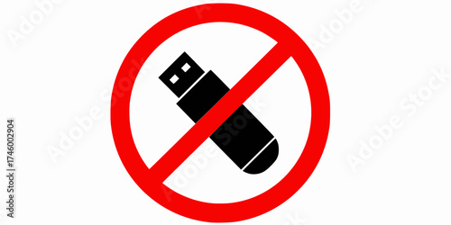 Red prohibition sign with a black usb flash drive inside indicating no external storage allowed
