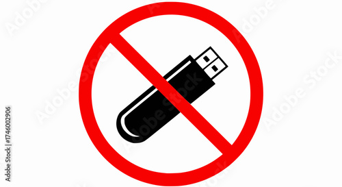 Red prohibition sign with a black usb flash drive inside indicating no external storage allowed
