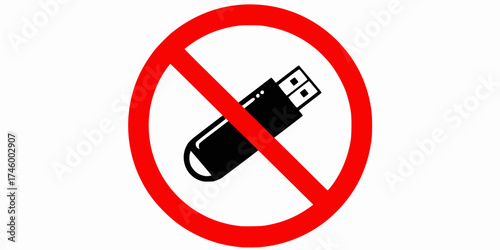 Red prohibition sign with a black usb flash drive inside indicating no external storage allowed
