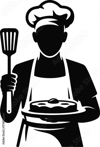 Chef silhouette holding a pie with a spatula in a professional kitchen setting silhouette