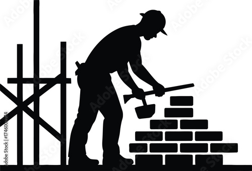 Silhouette of a construction worker diligently building a brick wall with tools