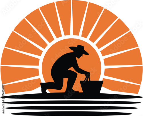 Farmer kneeling in a field planting crops during a vibrant sunset silhouette