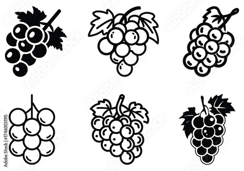 Six grape bunch variants are featured in this monochrome set against a white background