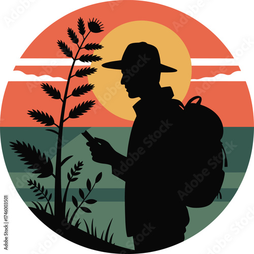 Silhouette of a hiker checking a map against a vibrant sunset sky