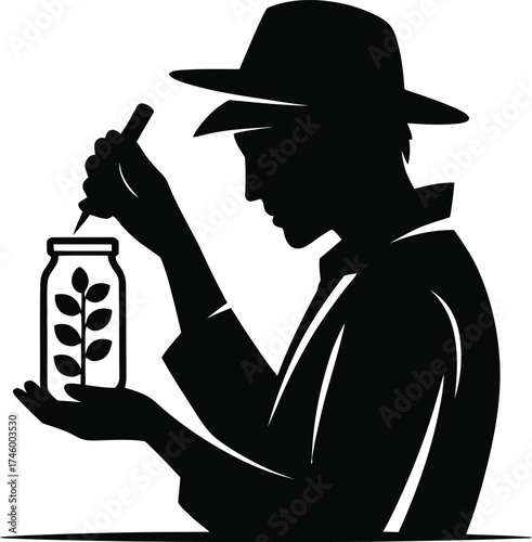 Horticulturist examining plant growth in a jar silhouette