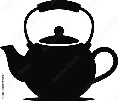 Classic round black silhouette of a tea kettle with a handle and spout