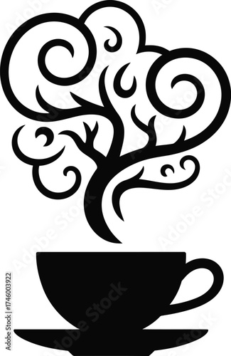 Artistic silhouette of a steaming coffee cup forming a tree with branches