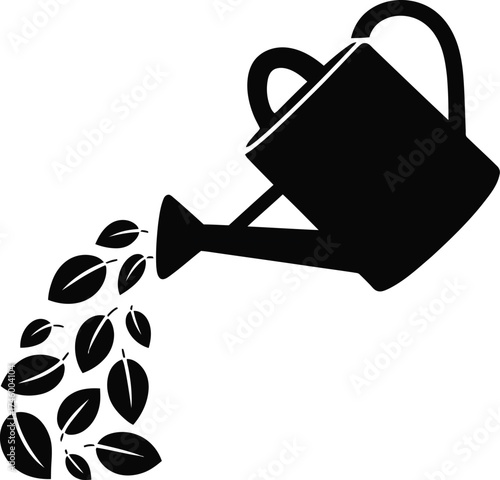 Black silhouette of a watering can pouring stylized leaves and droplets