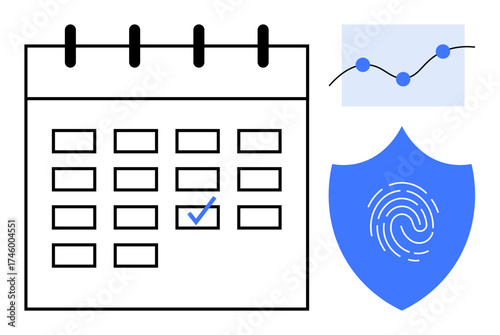 Calendar with marked appointment, graph with upward trend, and shield with fingerprint. Ideal for planning, security, analytics, data management, scheduling privacy organization. Simple flat
