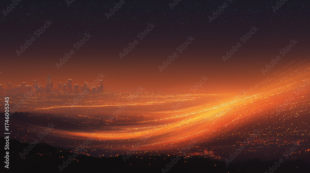 Fototapeta premium Skyline Horizon: A breathtaking view showcases the fiery hues of dusk cascading across the horizon, painting the sky with vibrant strokes of light.