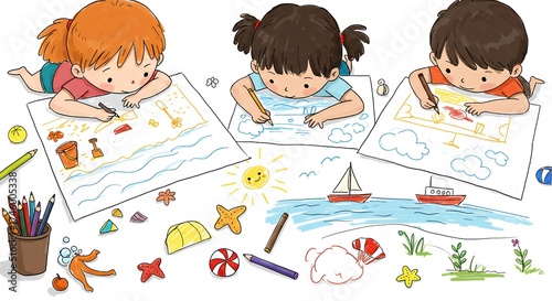 Drei kleine Kinder malen mit leuchtenden Buntstiften fantasievolle sommerliche Bilder auf wei�em Papier f�r eine fr�hliche Stimmung. AI Generated