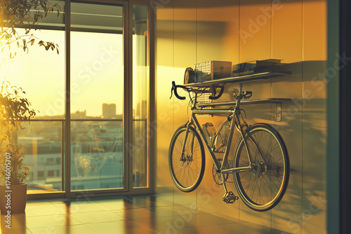 Bicycle hanging on lack wall in modern apartment near window bath with sunlight. Urban lifestyle transportation. Eco friendly. 