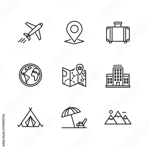 Minimalist Outline Travel Icon Set for Holiday and Adventure in Line Style