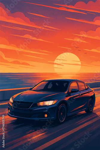Car driving toward sunset. Vector landscape illustration.