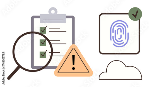 Magnifying glass, checklist, warning triangle, fingerprint, cloud icon emphasize data security, compliance, online identity, risk management. Ideal for cybersecurity privacy verification