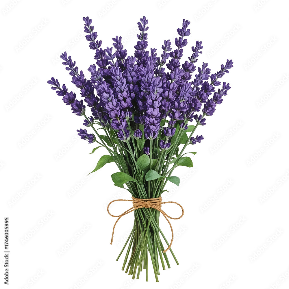 Obraz premium Charming lavender bouquet isolated on transparent background aromatic purple blooms tied with rustic twine, evoking serenity and natural beauty in floral design