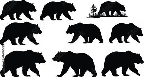 Black bear silhouette collection, wildlife forest animal illustration, walking bear design, nature scene with trees, wild mammal vector art