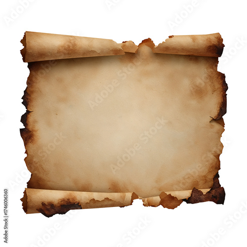 Isolated on transparent background, an old parchment scroll with curled edges, ideal for adding a vintage or historical touch to your designs and projects