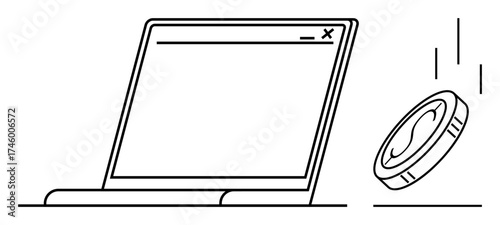 Laptop screen with web browser and falling coin symbolizing online revenue, digital payments, or income generation. Ideal for online banking, e-commerce, freelancing, fintech, cryptocurrency