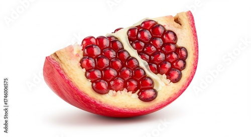 Ein frisches Granatapfelst�ck strahlt unter hellem Licht mit saftig roten Kernen auf sauberem Wei� Hintergrund. AI Generated