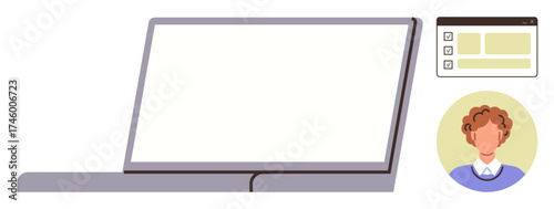 Open laptop with blank screen, a web interface panel, and a user avatar. Ideal for online learning, telecommuting, profile creation, web design, digital workspace, modern communication simple flat