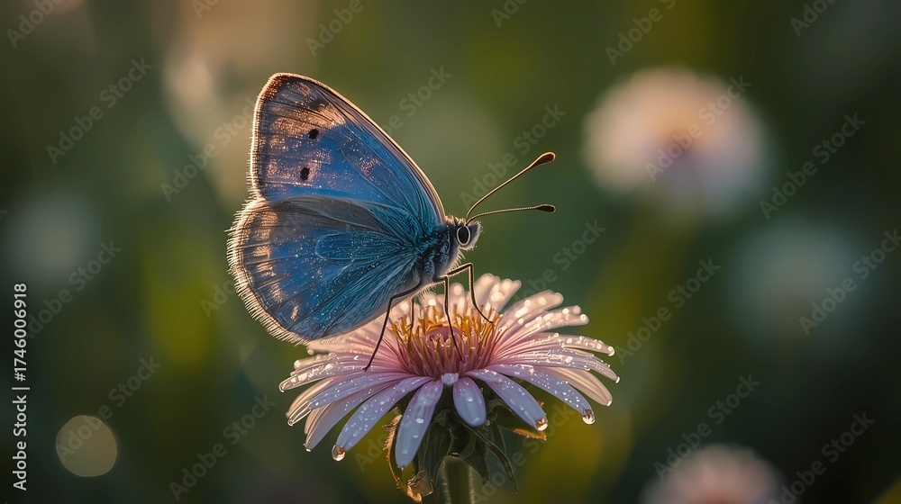 Obraz premium vibrant blue butterfly perched on a dew-covered flower at dawn. Macro photography with shallow depth of field, ultra-detailed textures of the butterfly wings, natural sunlight glowing through blurred 