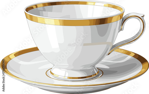 Elegant Teacup and Saucer with Golden Rim Illustration for Beverages, Tea, and Fine Dining