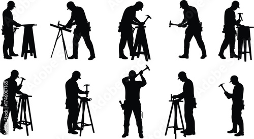 Construction worker silhouette hammering wood, carpenter working with tools and table, industrial labor concept, black and white craft illustration