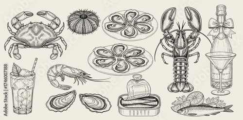 Seafood Delights A Culinary Illustration of Crabs, Lobster, Oysters, and Sardines, and Cocktails