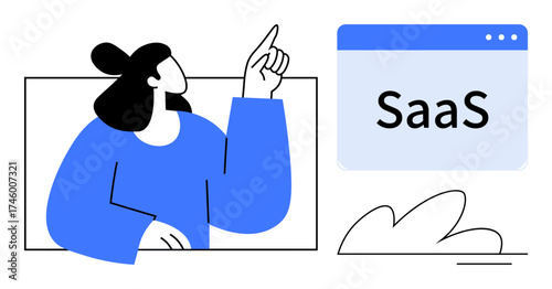 Woman gesturing with raised finger towards SaaS interface screen. Ideal for technology, software development, SaaS solutions, online tools, web integration, education, scalable business. Simple flat