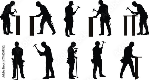 Construction worker silhouette using hammer, carpenter man working with tools, building and repair concept, black and white industrial illustration