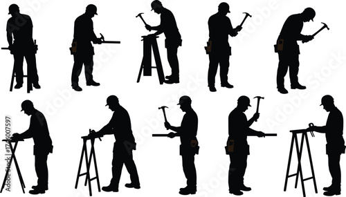 Construction worker silhouettes hammering wood, carpenter using tools and measuring, handyman working on construction project, industrial labor concept illustration, black background
