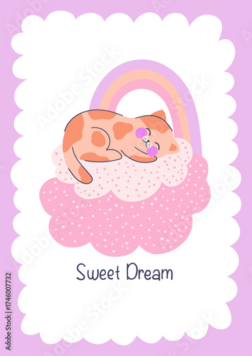 Colorful posters with adorable kitten sleeping on a clouds
