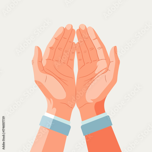 Two open hands cupped together, palms facing upwards, with light blue cuffs on wrists