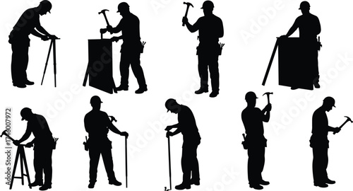 Construction worker silhouettes hammering, carpenter using tools and nails, industrial handyman working with wood, builder standing and fixing materials, labor concept