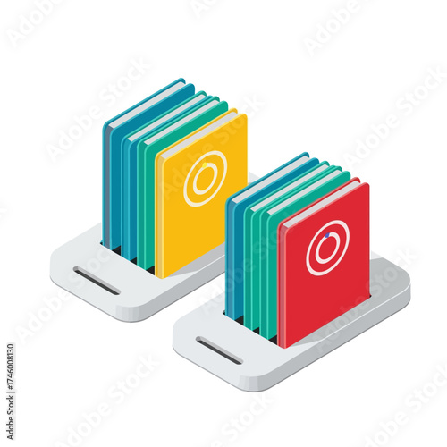 Two stacks of colorful books on white stands