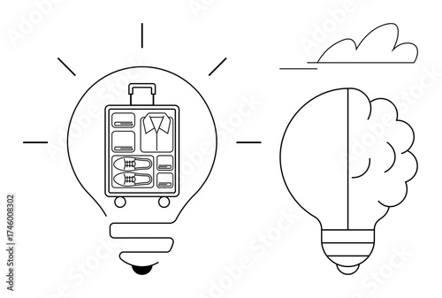 Lightbulbs with a suitcase symbolizing travel planning and a cloud evoking innovation. Ideal for creativity, travel, planning, innovation, ideas, brainstorming, minimal art. Metaphorical and simple